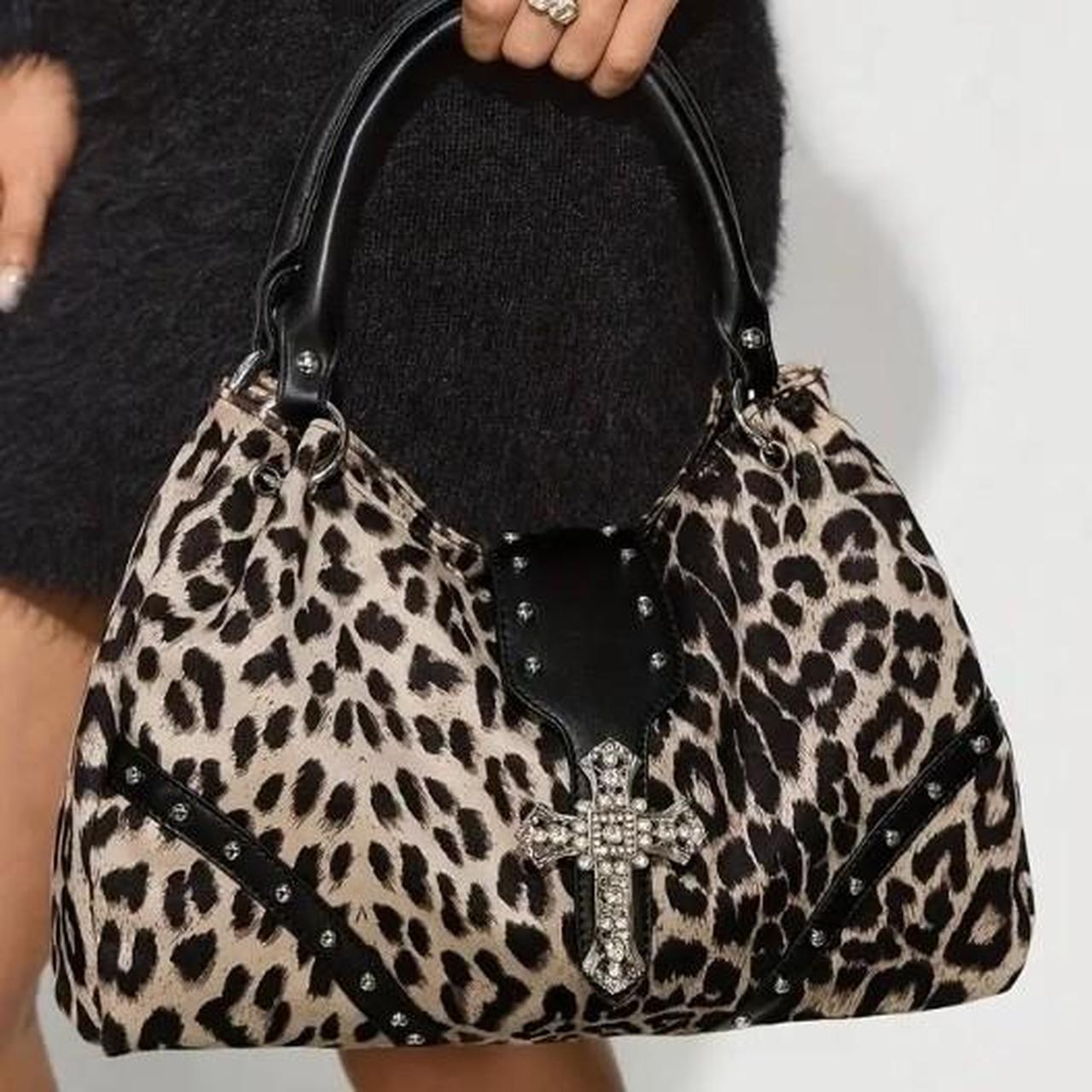 Brown Leopard Print Silver Cross Buckle Shoulder Handbag