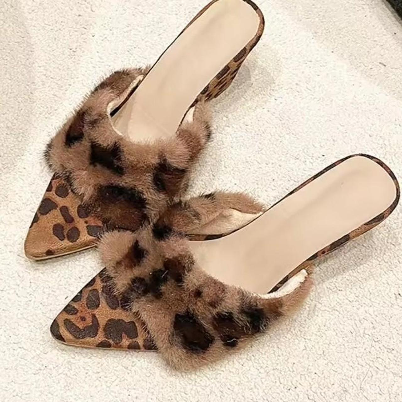 Leopard Print Plush Fur wedge Sandal Heels