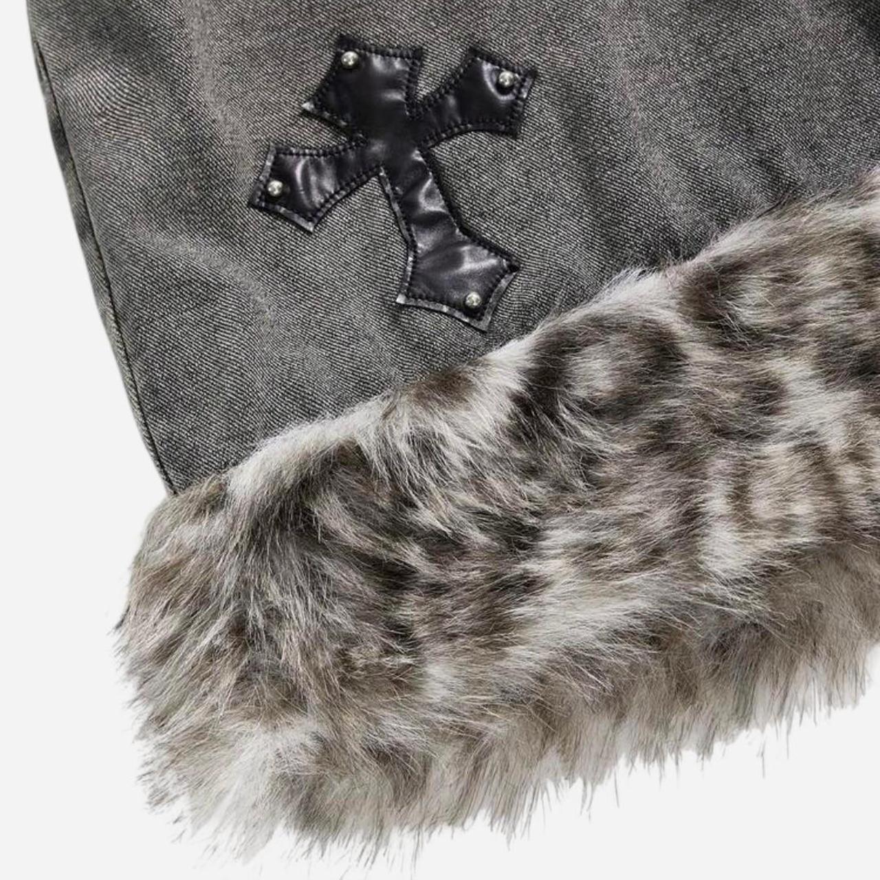 Women's Leopard Furry Grey Black Studded Cross Skirt