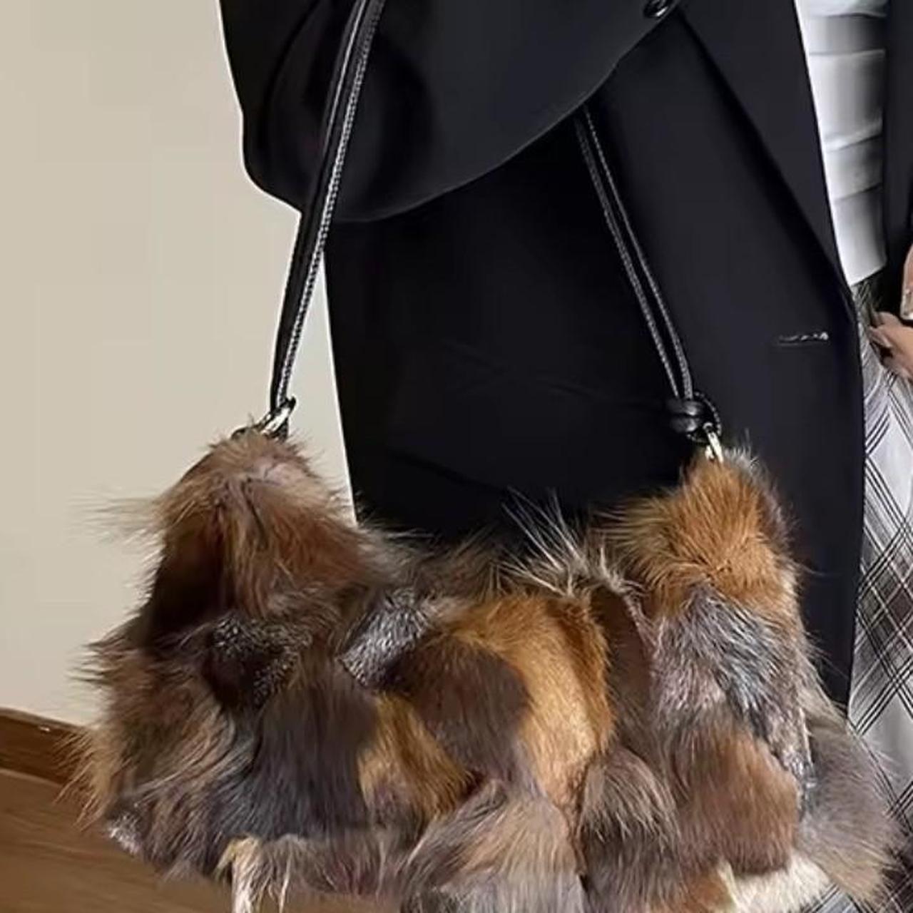 Brown Multi-Colour Plush Fur Shoulder Handbag