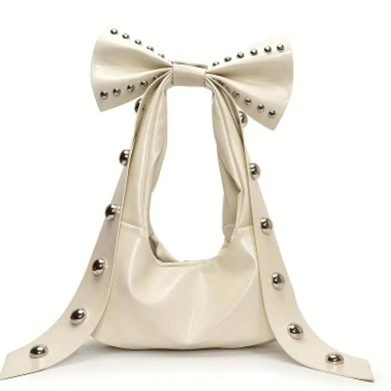 Cream White Bow Studded Handbag