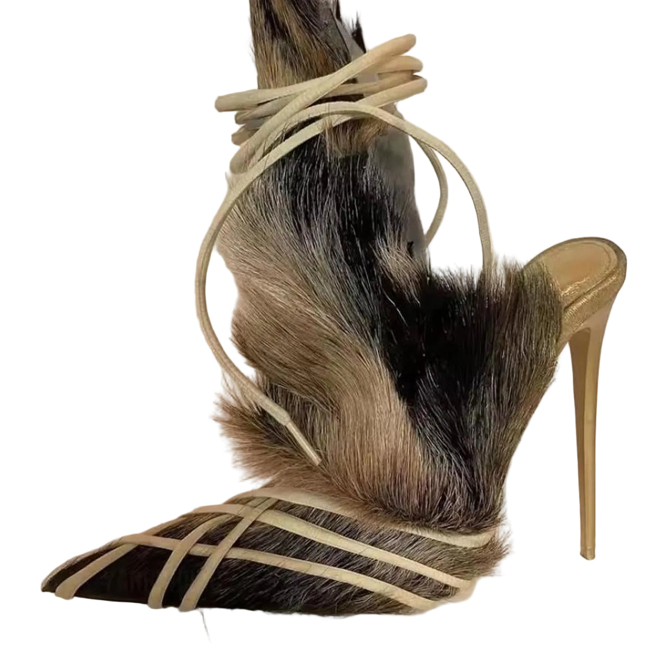 Women's Beige Black Fur Sandal High Heels