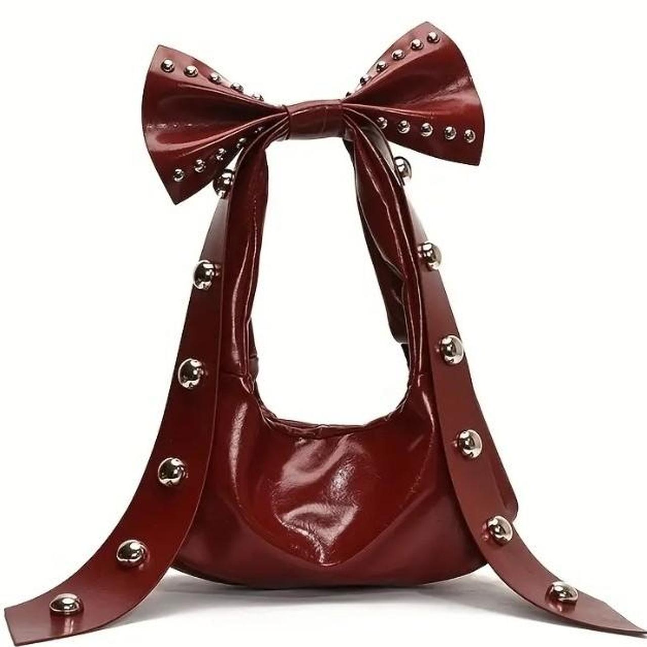 Burgundy Leather Bow Studded Handle Handbag