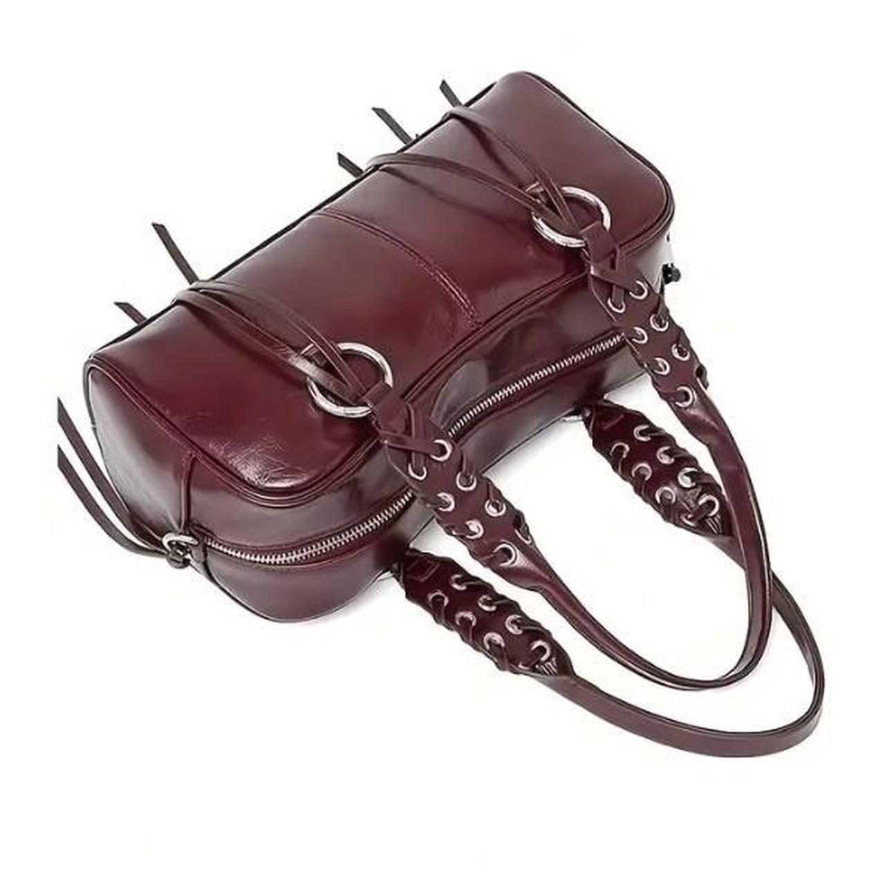 Burgundy Leather Tassel Metal Studded Handbag