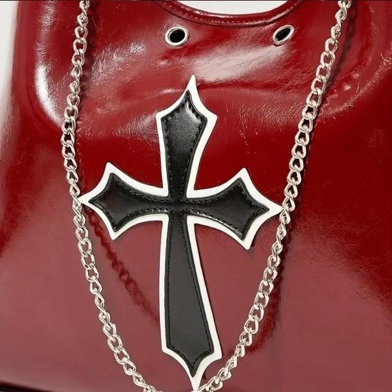 Burgundy Red Leather Silver Chain Cross Handbag
