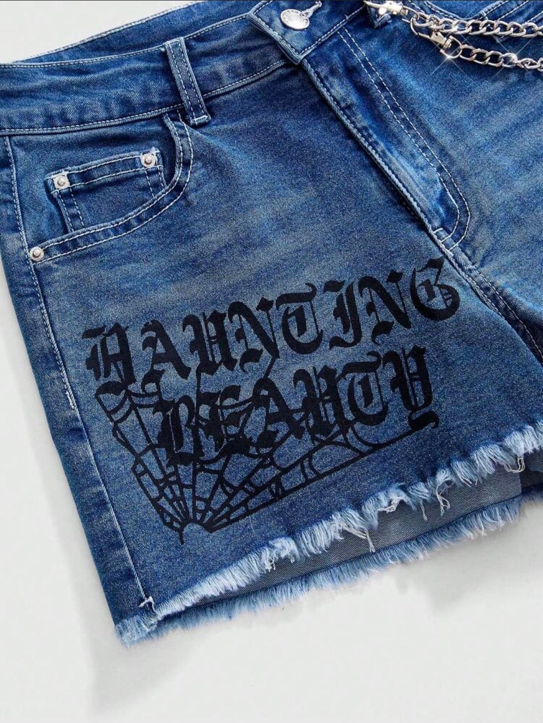 Denim Graphic Graffiti Chain Shorts