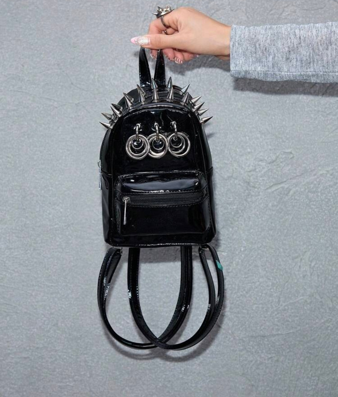 Spiked Patent Mini Silver Ring Backpack