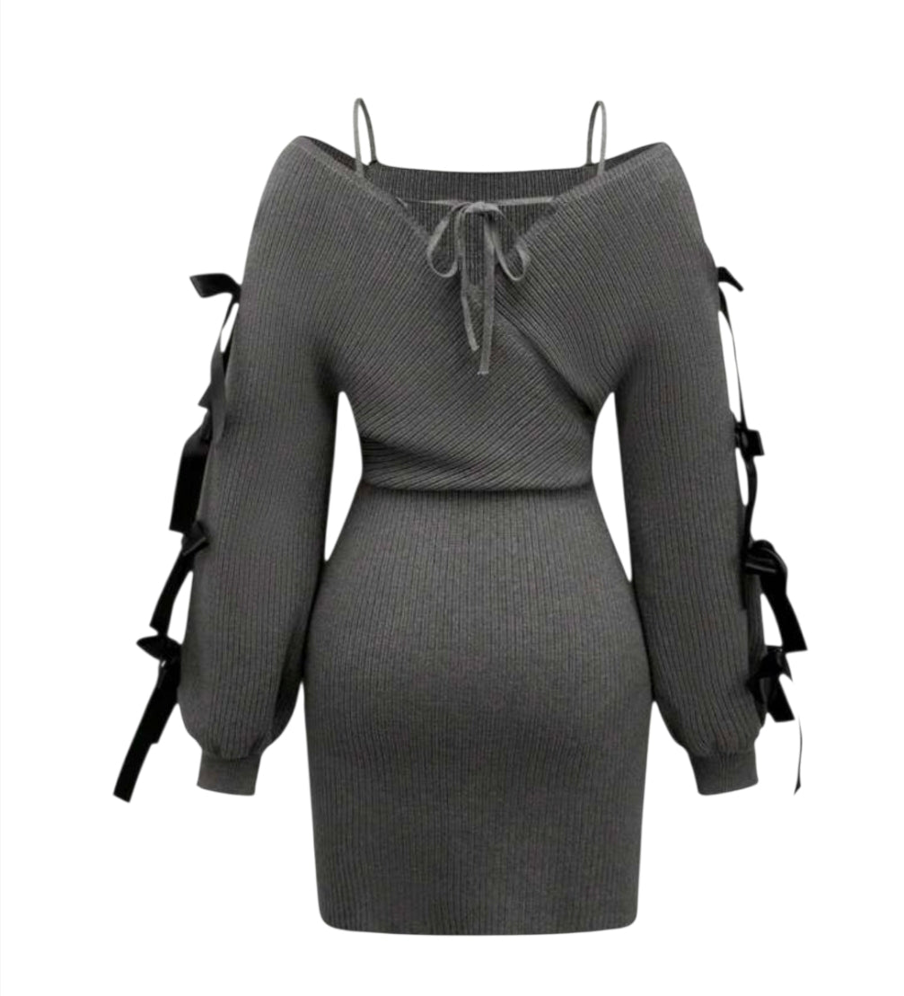 Grey Off The Shoulder Bodycon Bowknot Midi Dress