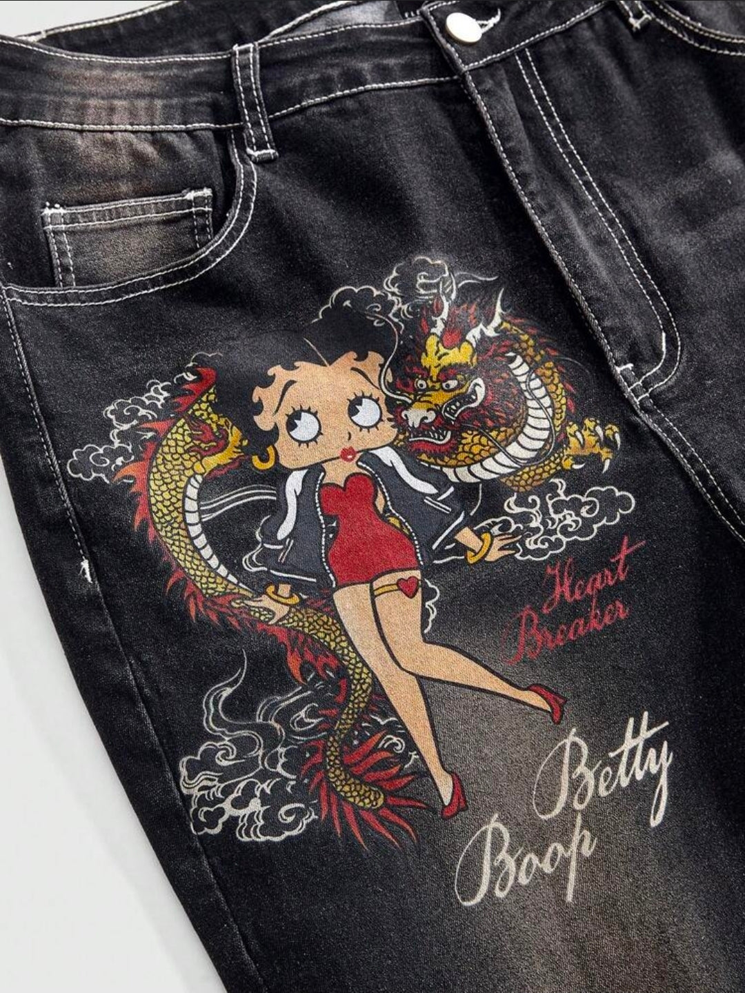Betty Boop Denim Dragon Print Flare Jeans