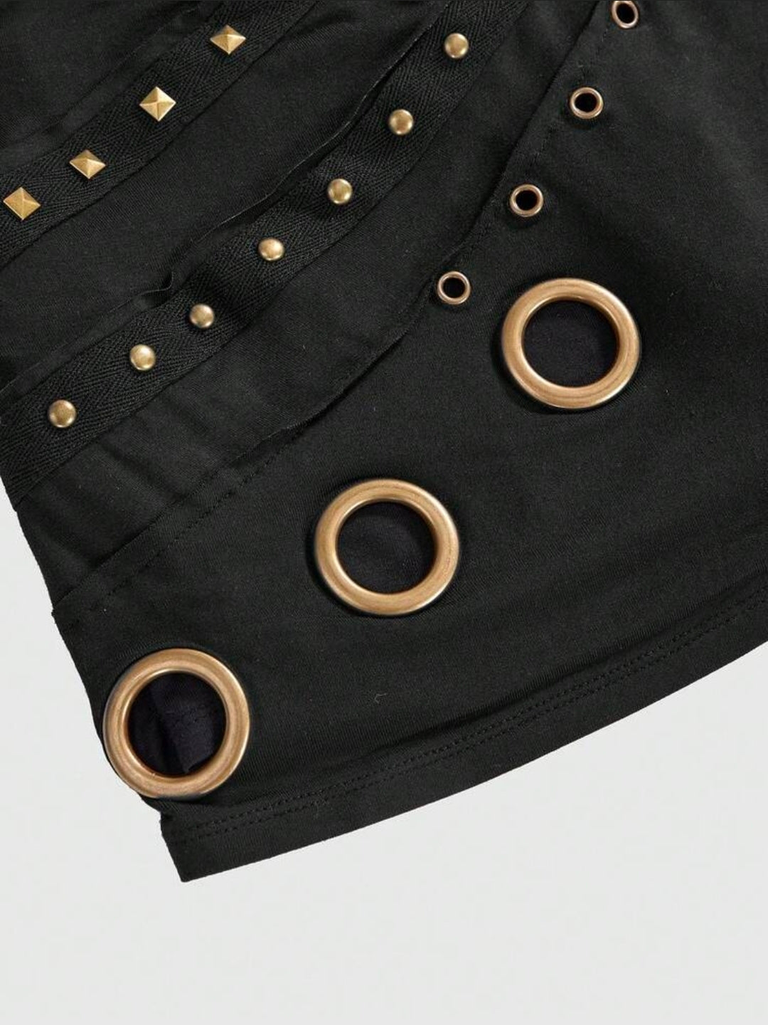 2PCS Gold Studded Asymmetrical Top Low Waist Mini Skirt Sets