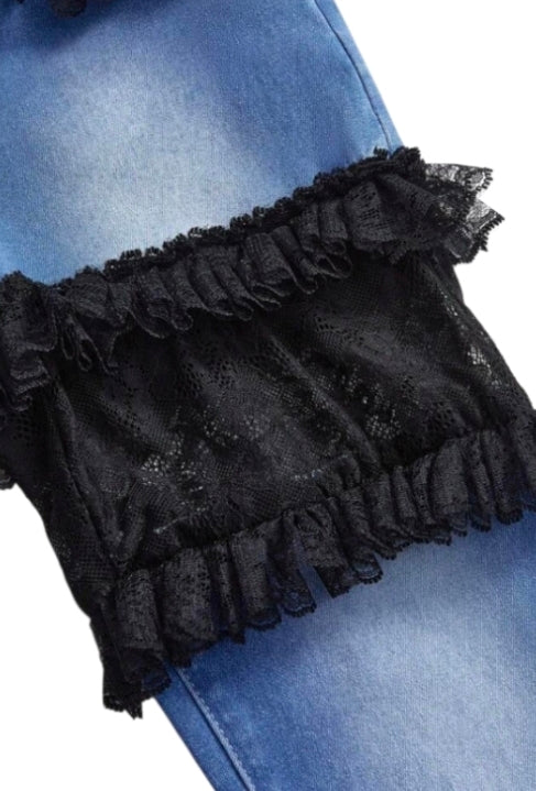 Y2K Style Ribbon Mesh Lace Trim Straight Leg Jeans