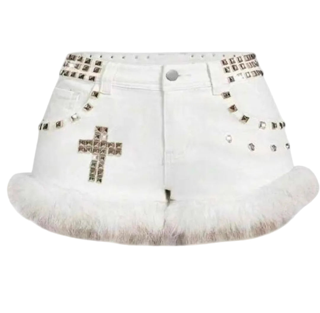 Denim Low Waist Studded Patchwork Shorts
