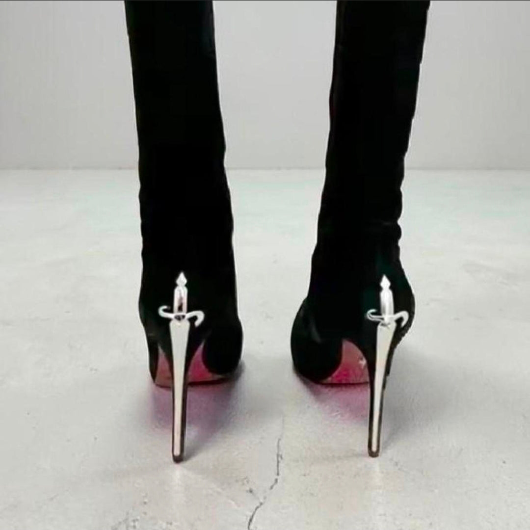Black Suede Sword Shaped High Heel Boots