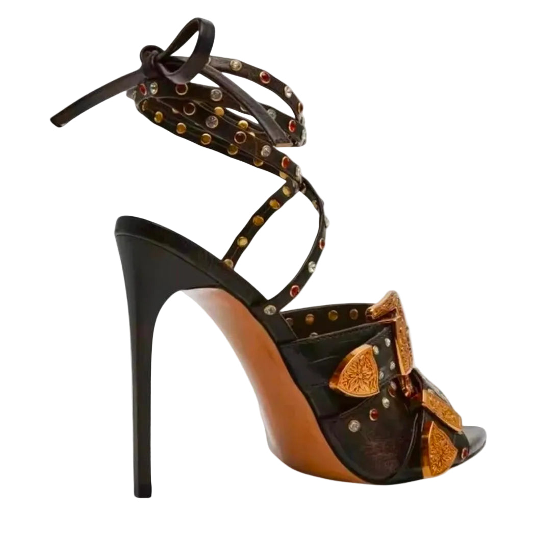 Denim Buckle Strap Studded Sandal High Heels