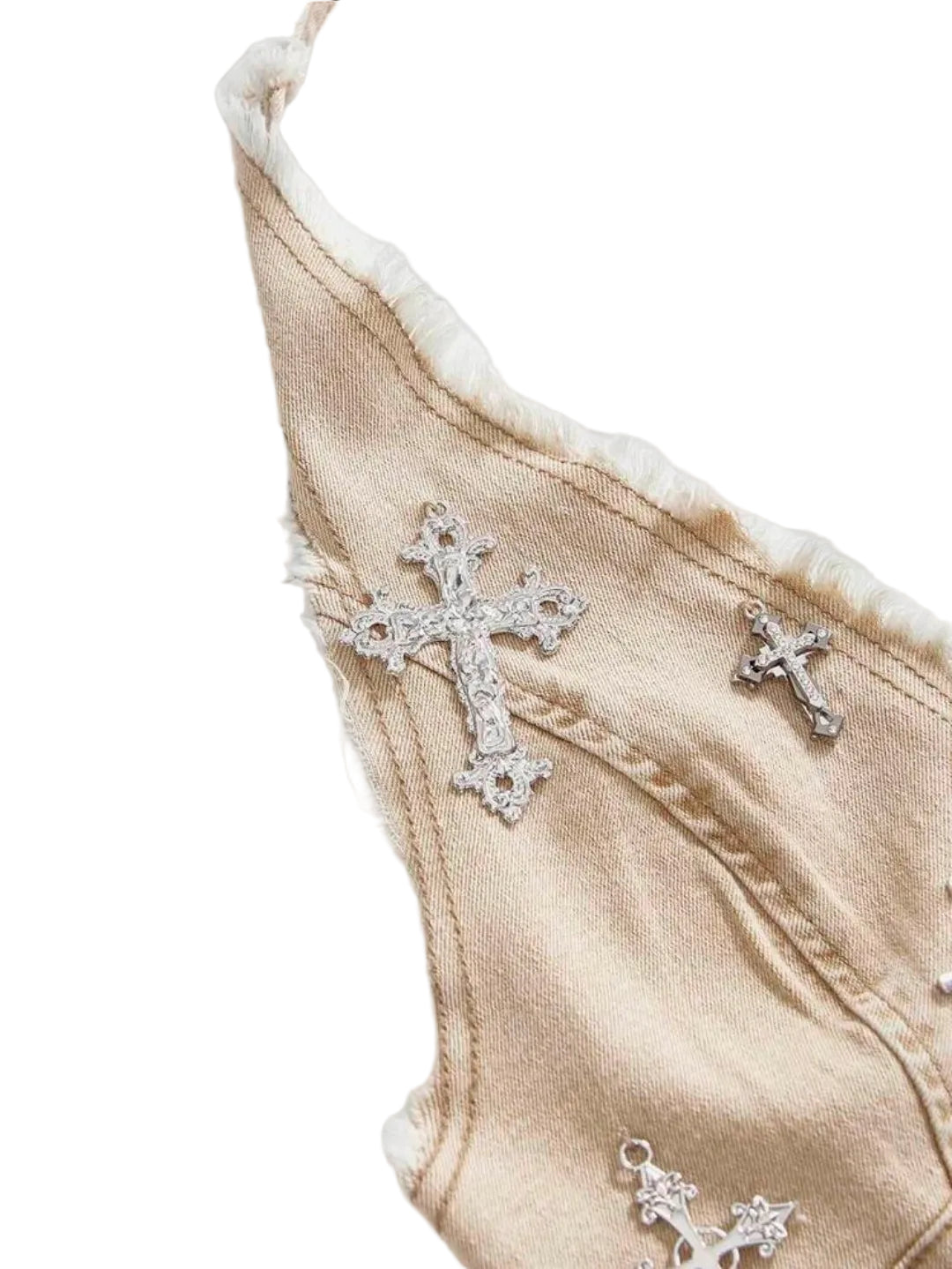 Denim Silver Chain Silver Cross Halter Top