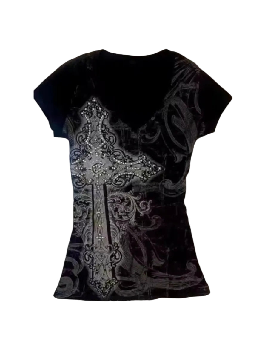 Rhinestone Cross Short Sleeve T-Shirt