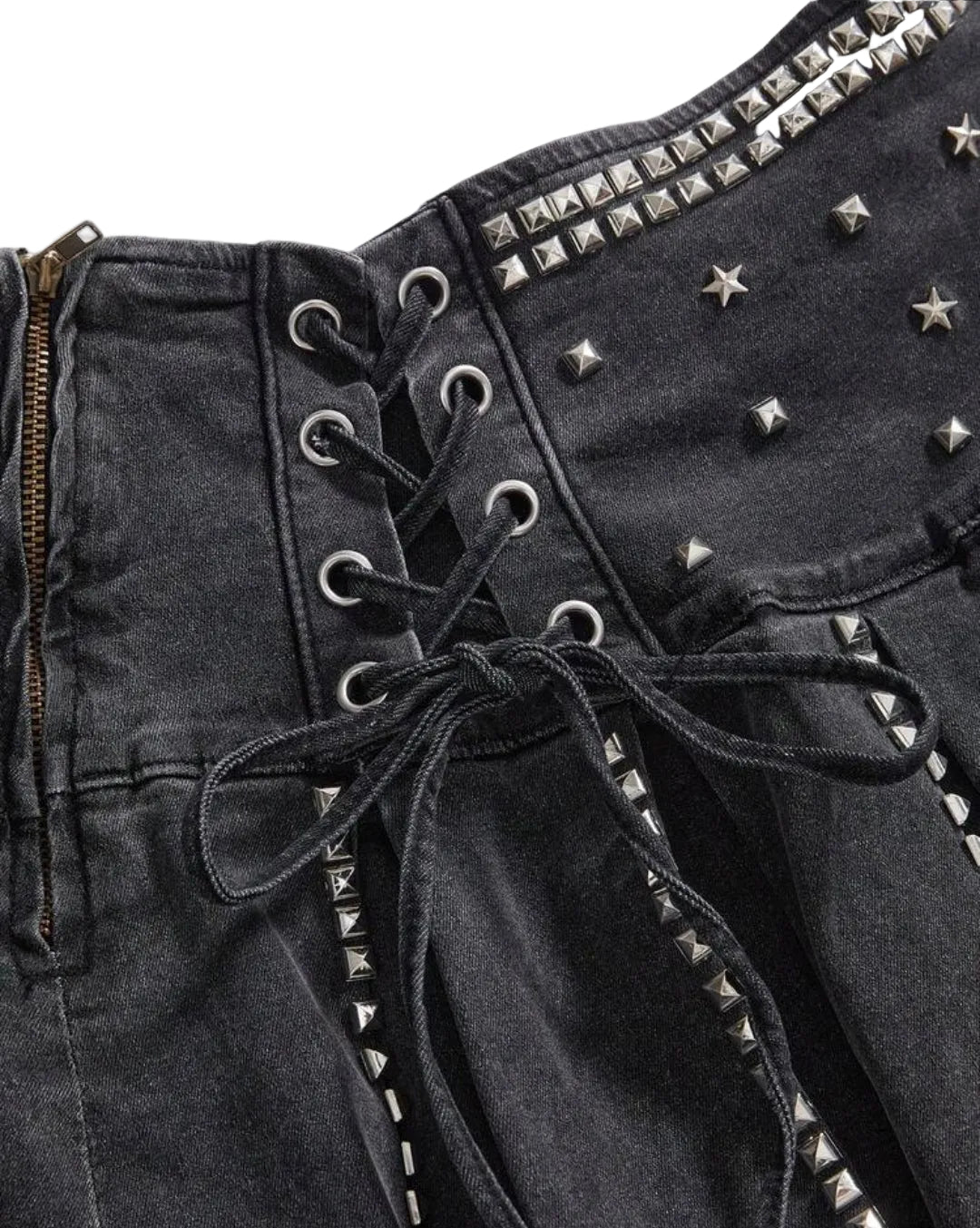 Black Denim Pleated Skirt Rivets Drawstring Tie Mini Skirt