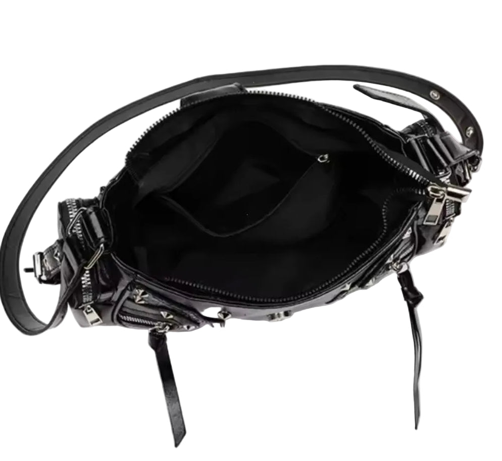Studded Buckle Black Multi-Pocket Handbag