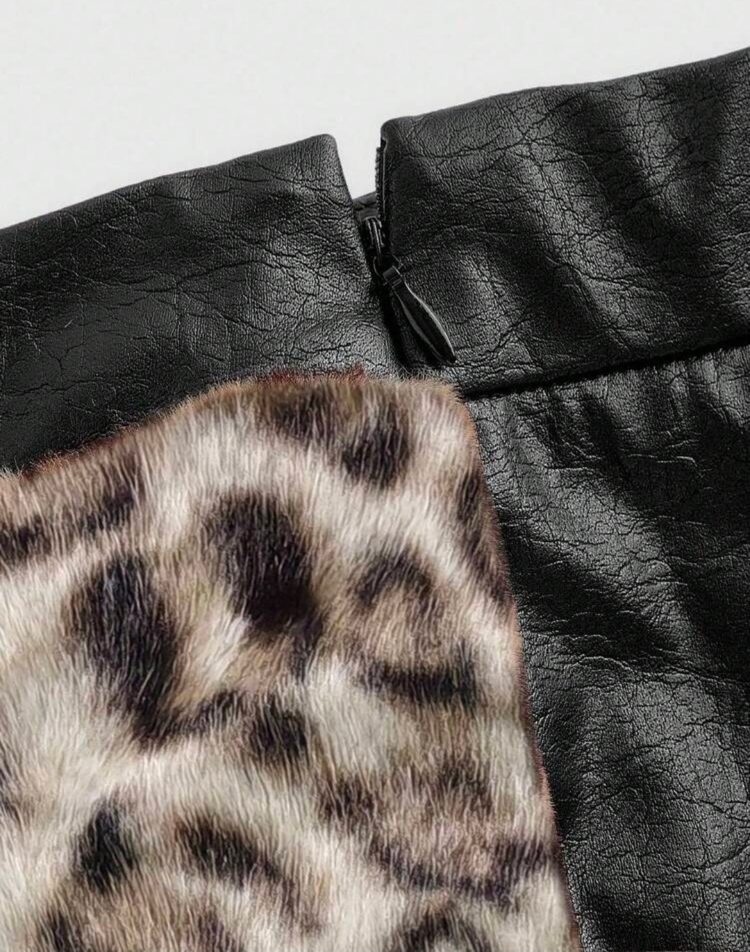 Leather Animal Fur Patchwork Mini Skirt