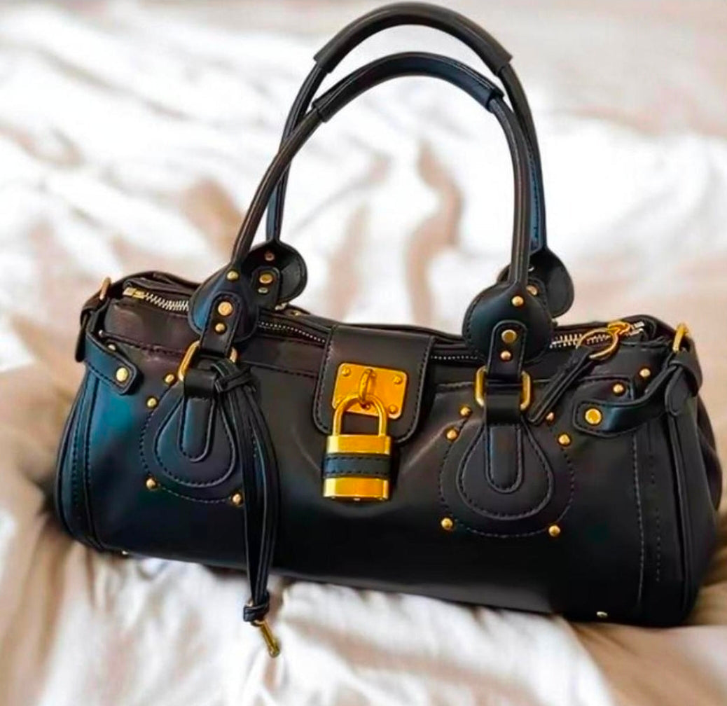 Black Leather Double Strap Handbag