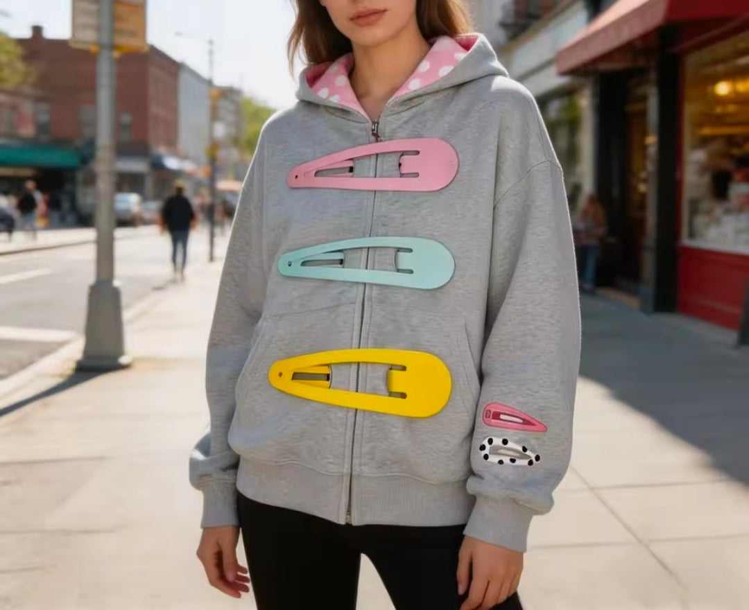 Polka Dot Hooded Detachable Hairpin Zipper Hoodie
