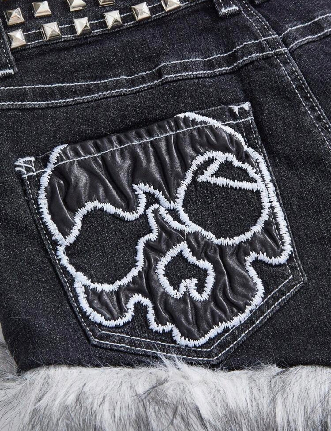 Denim Low Waist Studded Patchwork Shorts