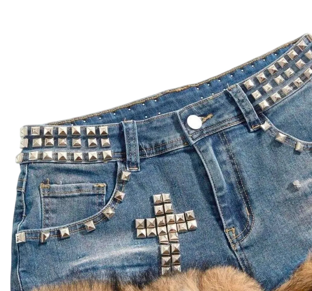 Denim Low Waist Studded Patchwork Shorts