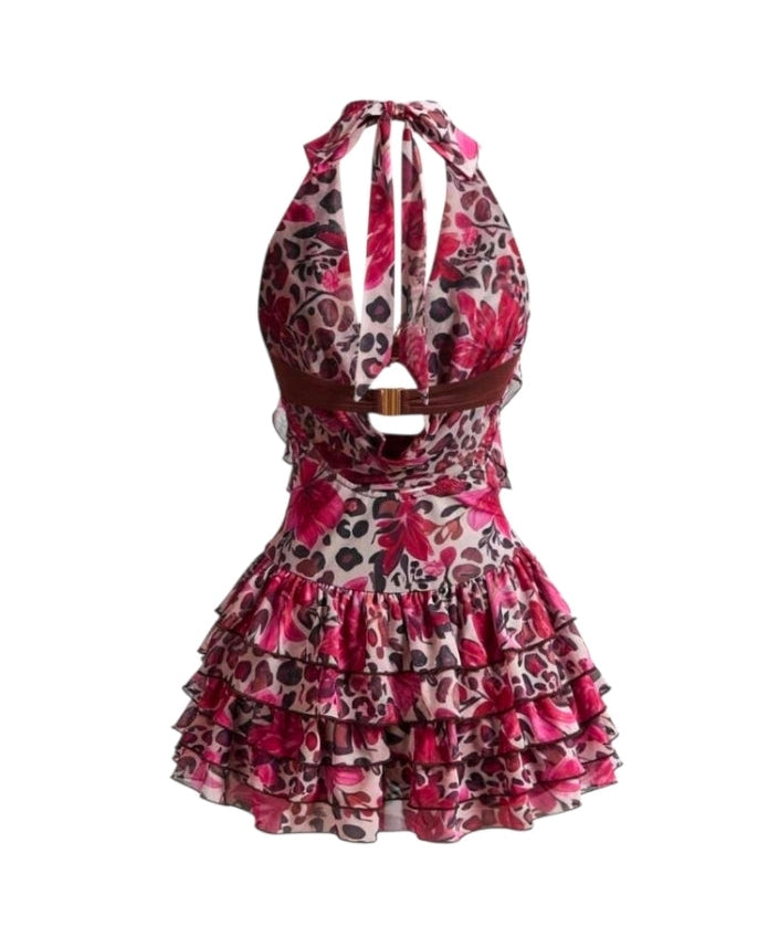 Leopard Floral Ruffle Halter Layered Dress