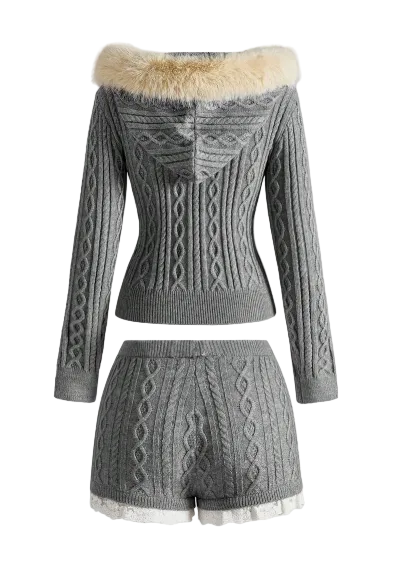 Y2K Cardigan Fuzzy Collar Hoody Low-Rise Mini Shorts 2 Piece Set