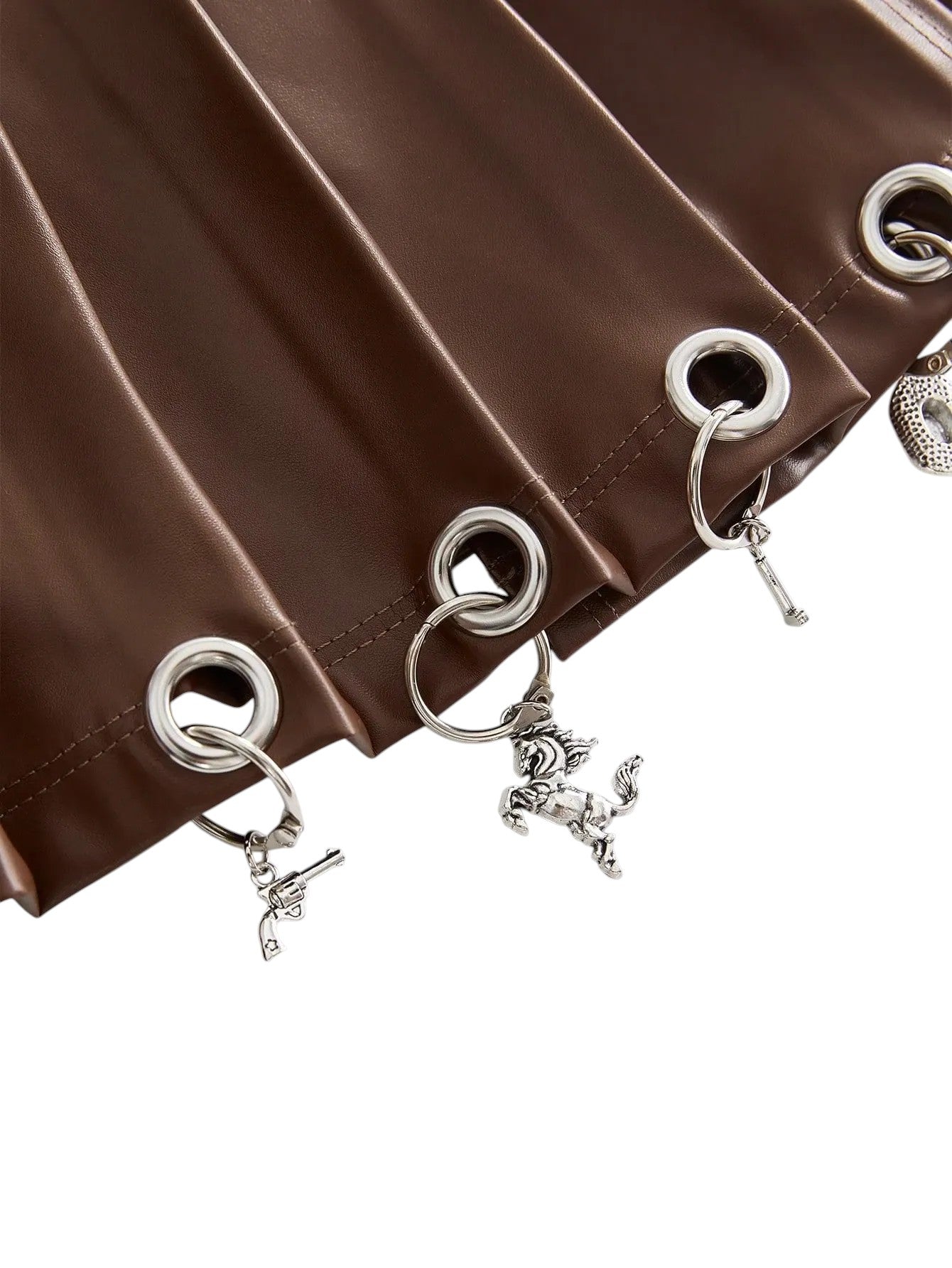 Edgy Chic Brown Charm Ring Leather Pleated Mini Skirt