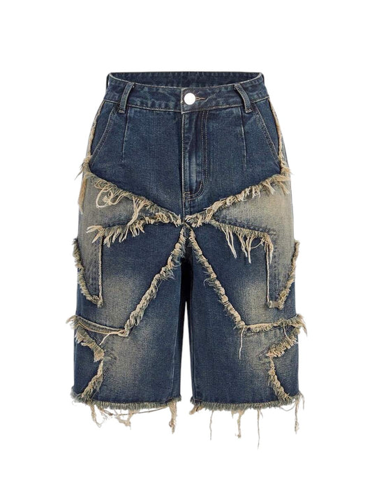 Women's Vintage Wash Star Patchwork Bermuda Denim Shorts