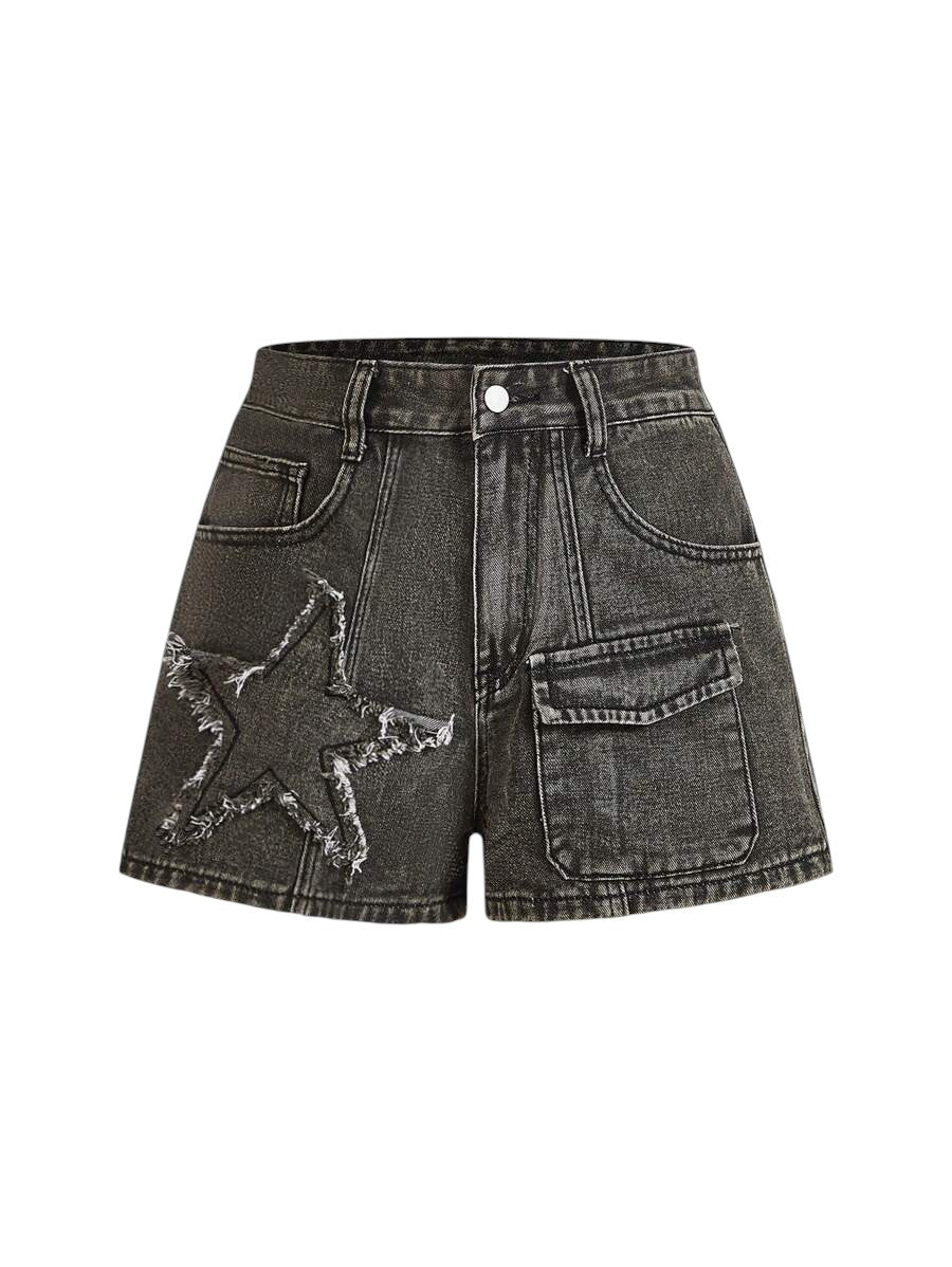 Women's Grey Star Fringe Utility Pocket Denim Shorts