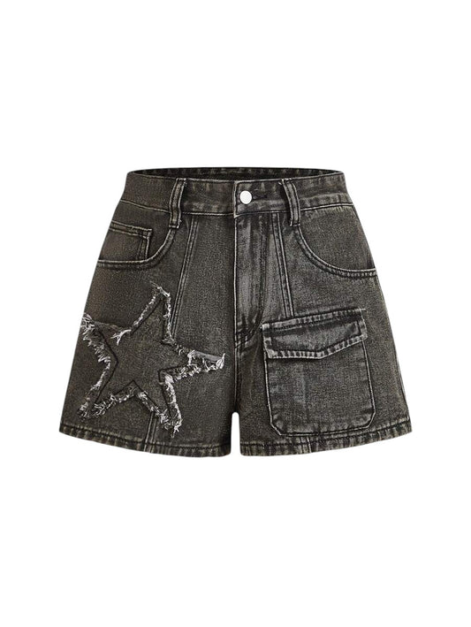 Women's Grey Star Fringe Utility Pocket Denim Shorts