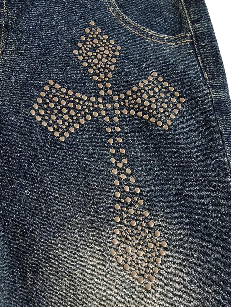 Blue Cross Rivet Distressed Low Rise Skinny Flare Jeans