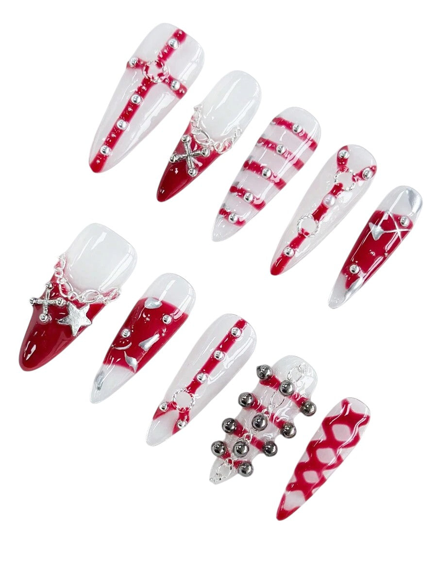 20pcs Dark Punk Faux Pearl Chain Gothic Press-On Nails Set