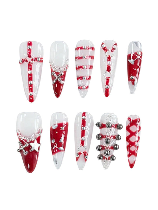 20pcs Dark Punk Faux Pearl Chain Gothic Press-On Nails Set