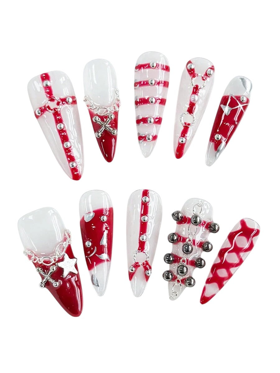 20pcs Dark Punk Faux Pearl Chain Gothic Press-On Nails Set