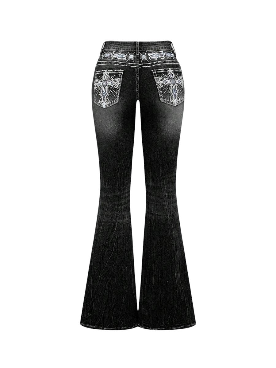 Black Y2K Cross Embroidered Low Rise Slim Flare Denim Jeans