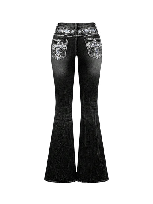 Black Y2K Cross Embroidered Low Rise Slim Flare Denim Jeans