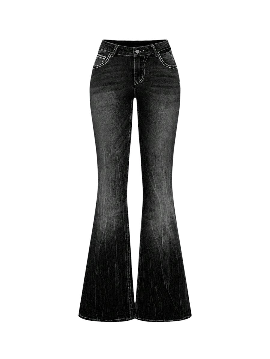 Black Y2K Cross Embroidered Low Rise Slim Flare Denim Jeans