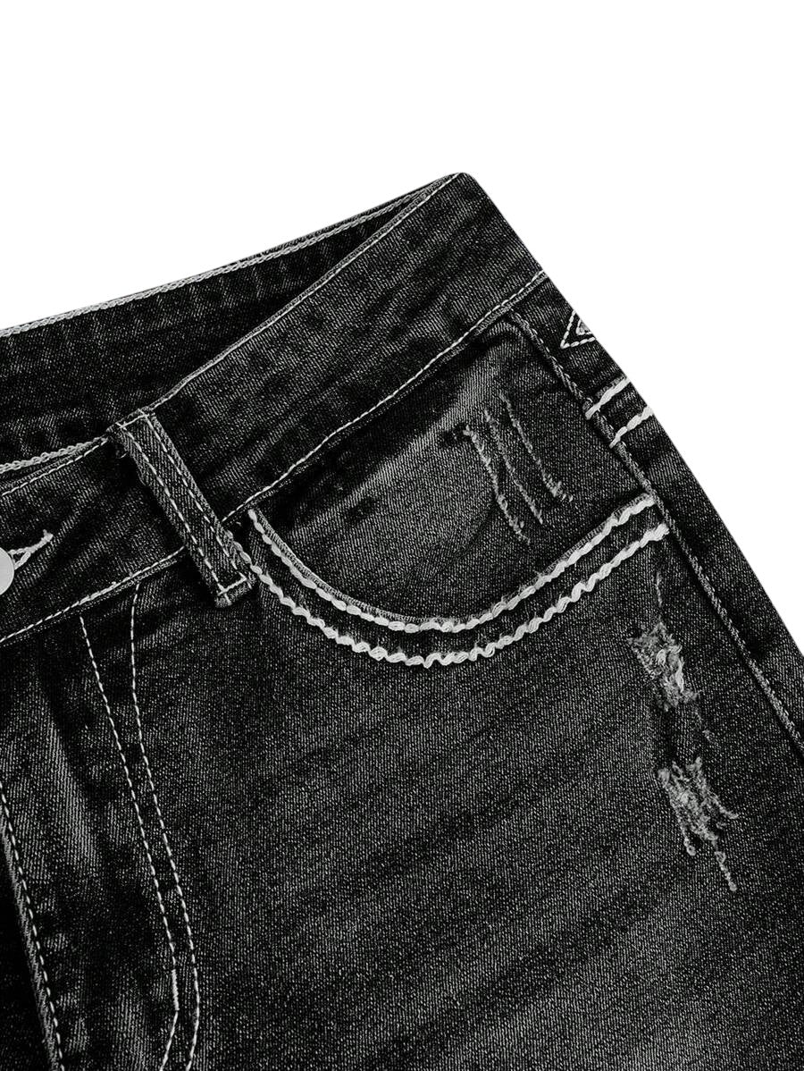 Black Y2K Cross Embroidered Low Rise Slim Flare Denim Jeans