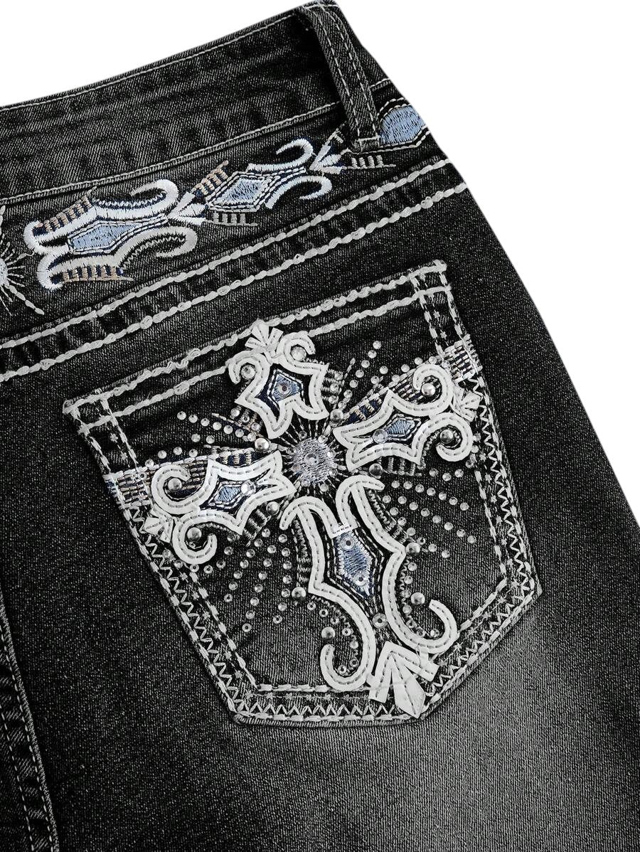 Black Y2K Cross Embroidered Low Rise Slim Flare Denim Jeans