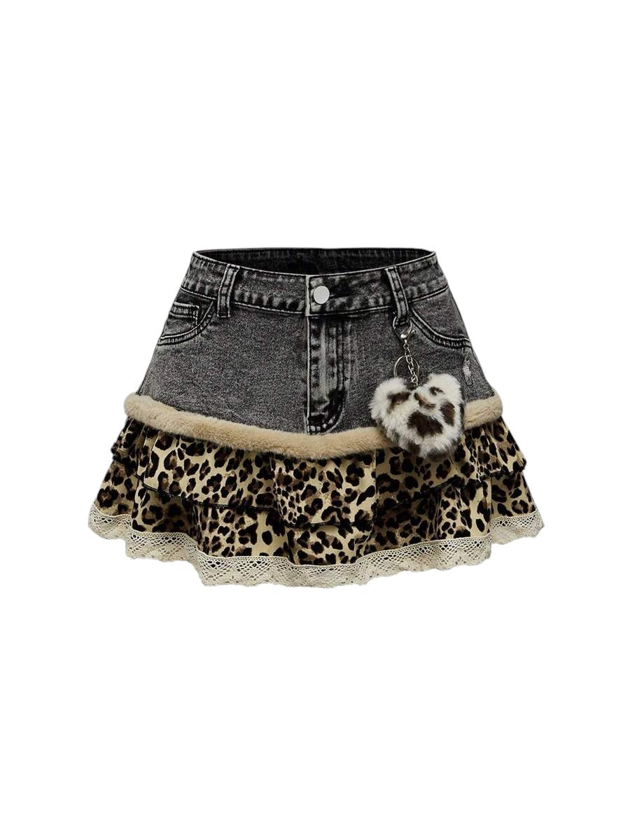 Y2K Leopard Print Ruffle Hem Patchwork Mini Denim Skirt