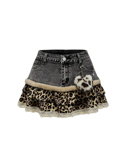 Y2K Leopard Print Ruffle Hem Patchwork Mini Denim Skirt