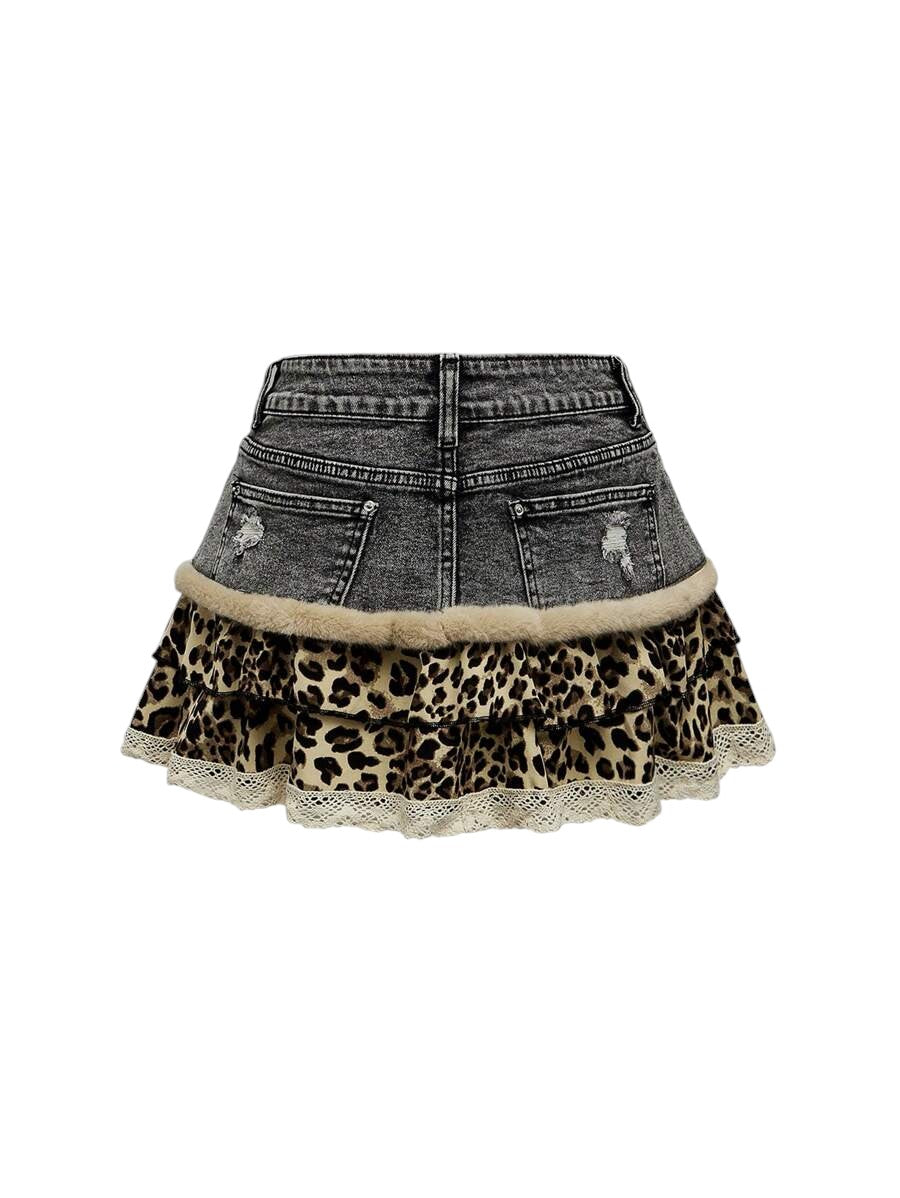 Y2K Leopard Print Ruffle Hem Patchwork Mini Denim Skirt
