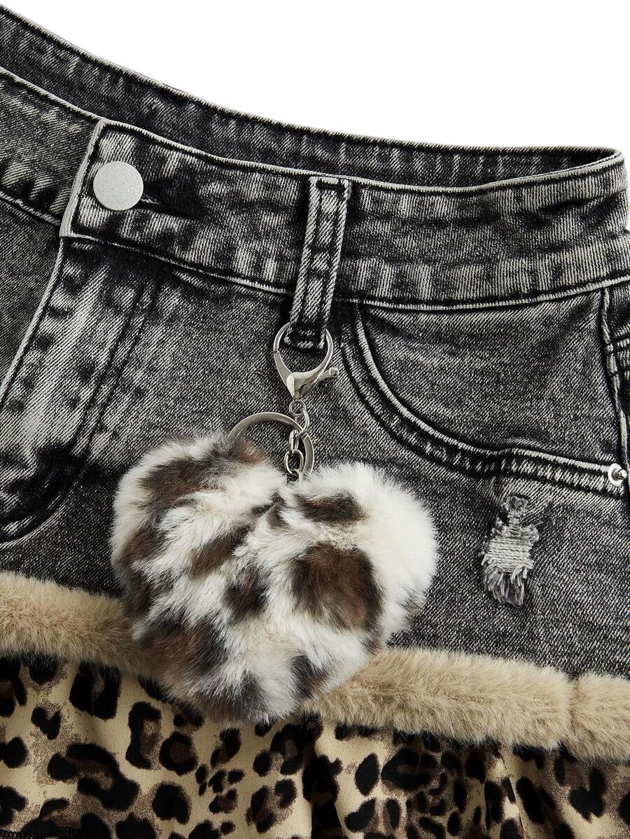 Y2K Leopard Print Ruffle Hem Patchwork Mini Denim Skirt