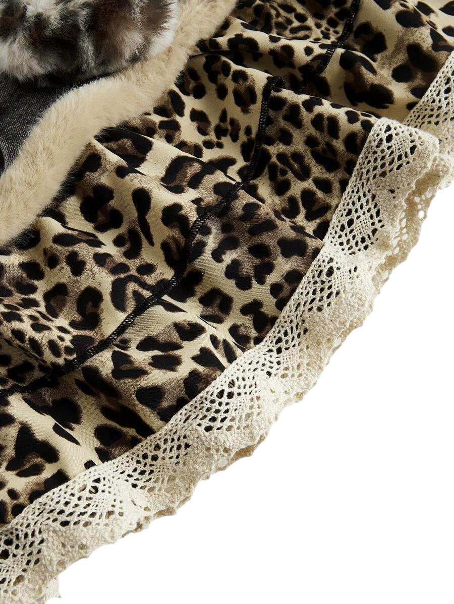 Y2K Leopard Print Ruffle Hem Patchwork Mini Denim Skirt