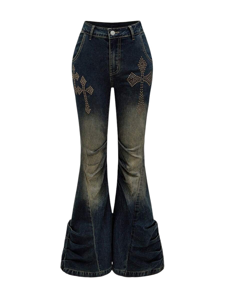 Blue Cross Rivet Distressed Low Rise Skinny Flare Jeans