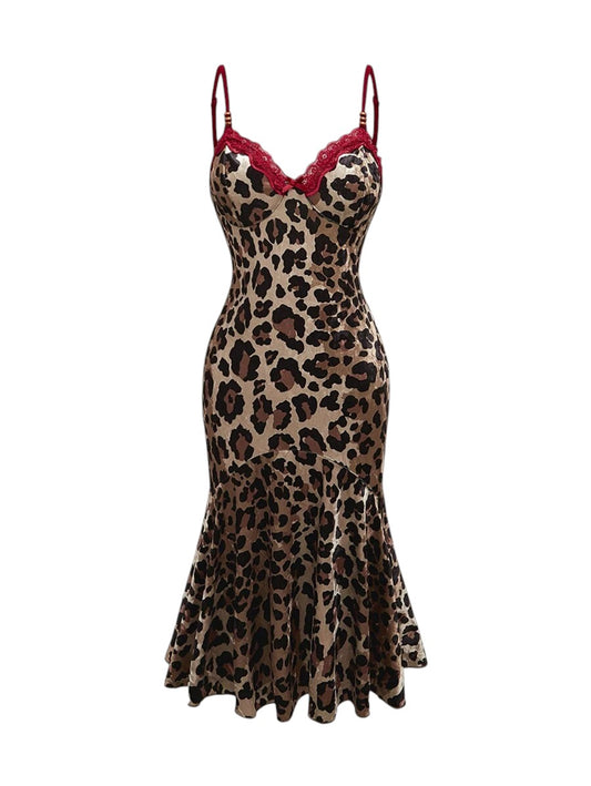 Vintage Leopard Patchwork Ruffle Halter Bodycon Long Dress