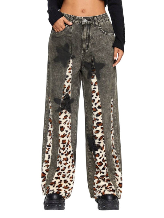 Women's Leopard Patch Pocket Baggy Jeans